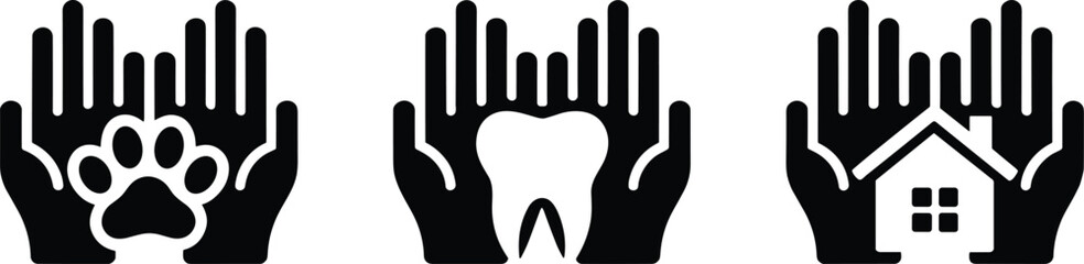 Obraz premium Protection symbols showing human hands caring for pet paw and dental tooth and residential home for safety insurance