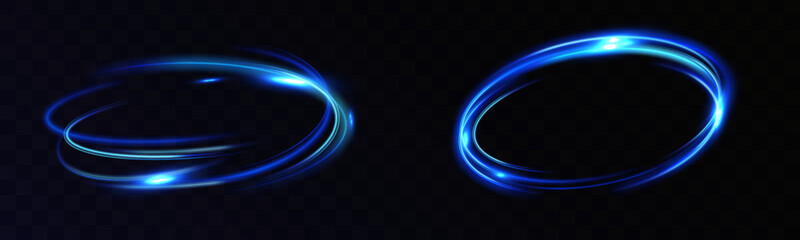 Blue neon light trails and glowing energy ring with sparkles on dark opaque background, futuristic motion abstract effect.