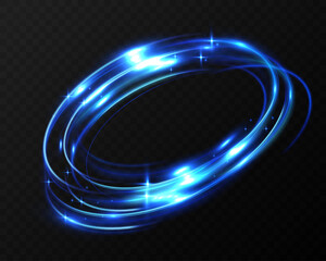 Glowing blue neon light ring with sparkles and motion trail on dark opaque background, futuristic energy circle effect.