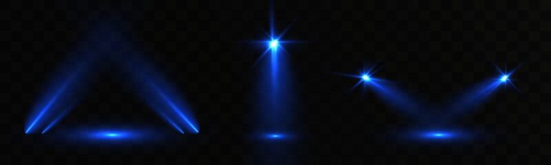 Blue stage spotlights with glowing beams and lens flares on dark opaque background, concert lighting abstract effect.