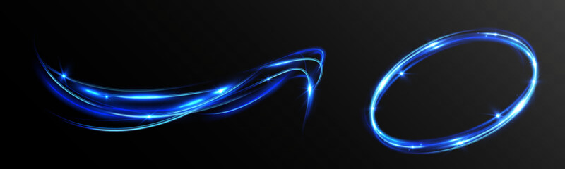 Blue neon light trails and glowing energy ring with sparkles on dark opaque background, futuristic motion abstract effect.