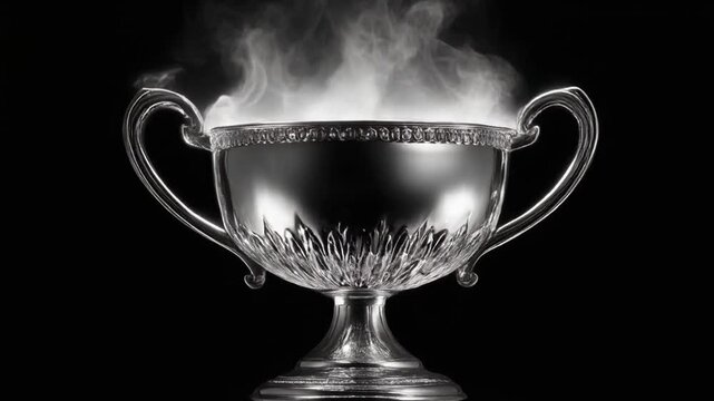 A silver goblet is emitting smoke against a black background. Detailed cup with handles