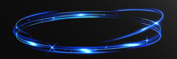 Bright blue neon circular light frame with glow and motion trails on dark opaque background, futuristic energy ring effect.
