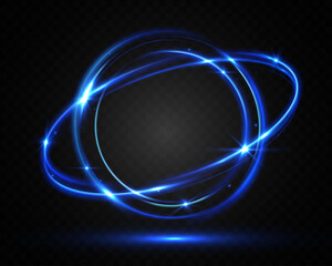 Bright blue neon circular light frame with glow and motion trails on dark opaque background, futuristic energy ring effect.