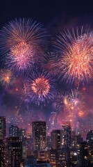 Obraz premium Stunning New Year's Eve fireworks illuminate a modern city skyline, creating a vibrant atmosphere for celebration and countdown.