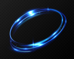Glowing blue neon light ring with sparkles and motion trail on dark opaque background, futuristic energy circle effect.