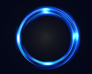 Bright blue neon circular light frame with glow and motion trails on dark opaque background, futuristic energy ring effect.