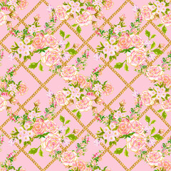 Baroque seamless pattern with bouquet of roses and peonies, floral motif classic golden damask with ornamental flowers © HoyaBouquet