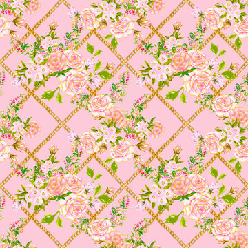Baroque seamless pattern with bouquet of roses and peonies, floral motif classic golden damask with ornamental flowers