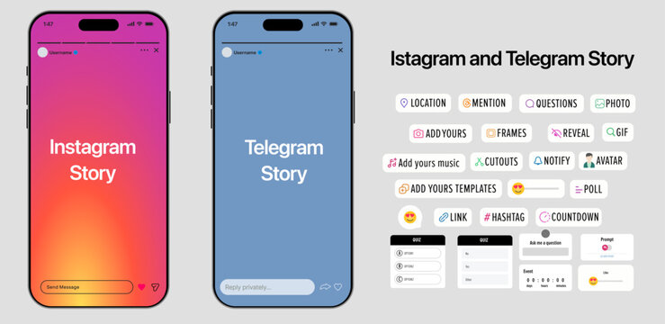 Instagram and Telegram Story UI Mockup with Question Bar, Poll, Quiz, Slider, Link, Mention and Countdown Stickers, Interactive Social Media Story Interface on Smartphone