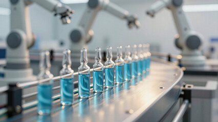 Close-up of blue liquid-filled ampoules on a conveyor belt in a pharmaceutical factory with robotic arms in the background, soft focus.