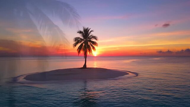 A solitary palm tree stands on a tiny tropical island at a vibrant sunset