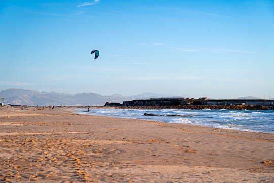 Sunny day on the Spanish coast with kitesurfing in Tarifa, Spain, Andalusia.