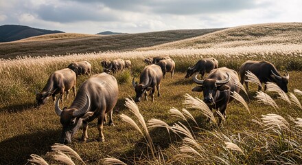 Herd of water buffalo grazing in grassy field under cloudy sky