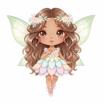 Cute Chibi Afro Latina Fairy in Pastel Flower Dress Watercolor
