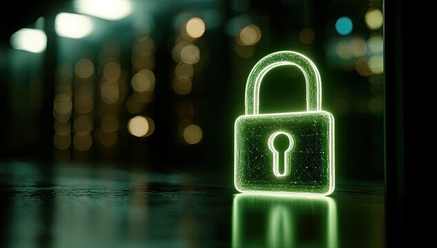 Glowing green padlock outline on a reflective surface, blurred city lights background