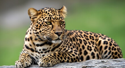 Leopard resting on a rock with spots against a blurred green background