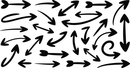 Assorted black marker stroke arrows in various shapes and directions on a white canvas