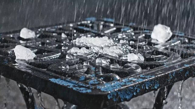 Close-up of hailstones rapidly crashing onto ornate metal table with chipping paint during heavy weather