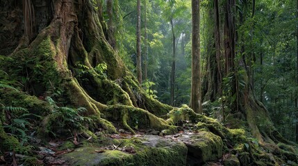 Exploring a dense forest with tall trees and lush vegetation during the day in a tropical region filled with life and greenery