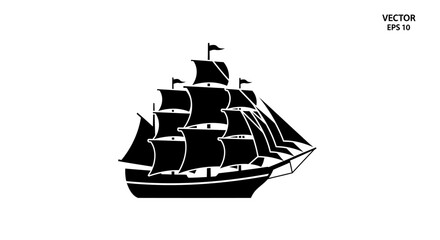 Black and white illustration of a sailing ship with multiple masts and sails.