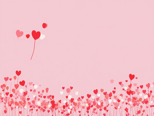 淡いピンクの背景に下から上に浮かんでいくたくさんの赤、ピンク、白のハート形