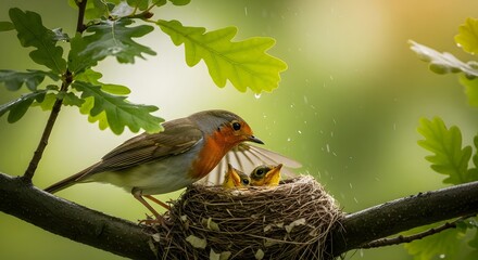 Robin bird feeding chicks in nest on tree branch with lush green leaves
