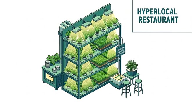 Indoor Urban Garden Display With Hyperlocal Restaurant Signage and Modern Shelving Units