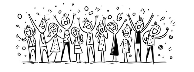 Obraz premium vector illustration of a silhouettes of people hands up happy celebration people hand drawn 