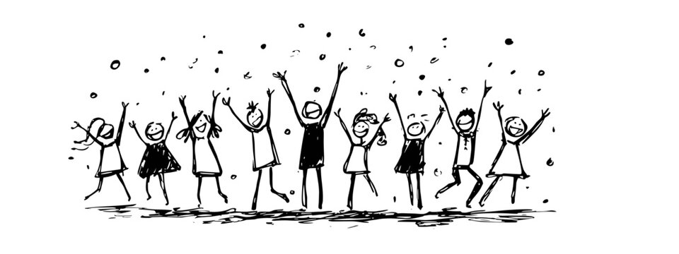 vector illustration of a silhouettes of people hands up happy celebration people hand drawn 