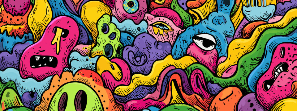 Acid tripp vector illustration hippie style background colored monsters art 