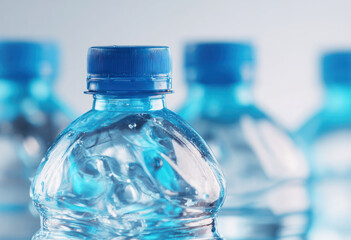 Close-up of bottled water with blue caps, multiple bottles in background.
