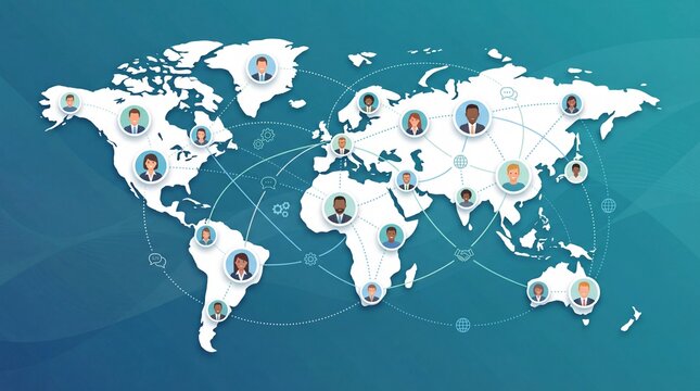 Global Business Network and International Team Collaboration Concept with Map, Remote Communication, Digital Connections, Business Flat Illustration