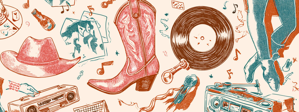 cowboy style disco banner for party western style art drawing design vector illustration