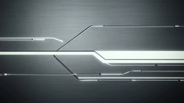 Starting left light, two horizontal rails moving and linking diagonally on gray field, nodes moving
