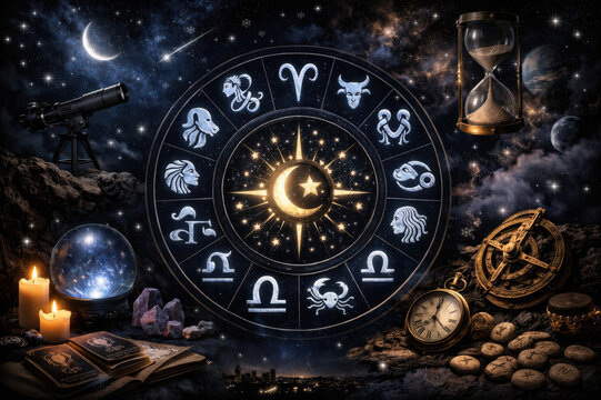 Astrology zodiac wheel glowing under a starry night with candles telescope hourglass crystal ball and celestial symbols for horoscope mysticism time destiny cosmic insight and divination
