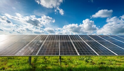 solar panels generate clean energy in a green field under a blue sky with white clouds
