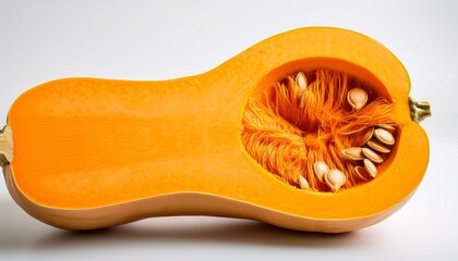 butternut squash cut open displaying the seeds and vibrant orange color on a white backdrop