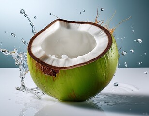 green coconut cut open displaying fresh coconut water against a plain white surface ready to drink