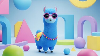 Naklejka premium 3D rendered cartoon llama with sunglasses, surrounded by pastel geometric shapes