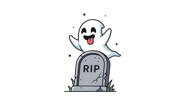 Friendly cartoon ghost sticking its tongue out while hovering behind a gray gravestone with rip text on a clean white background.