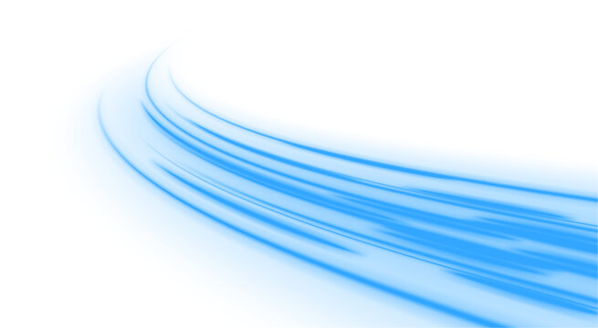Neon laser blue speed motion lines curve across city road and highway traffic. Light energy wave forms futuristic trail and smooth direction. Flowing water inspires motion. PNG vector.