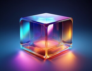 colorful transparent cube with gradient reflection and smooth edges on isolated background
