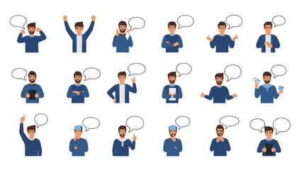Large set of diverse male characters in blue shirts with different poses and gestures accompanied by blank white speech bubbles.