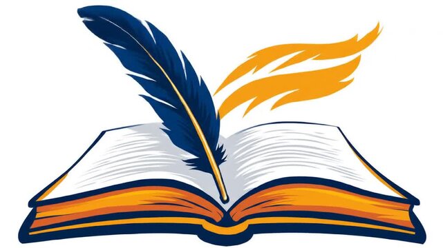 Open book with feather quill pen symbol for knowledge and education