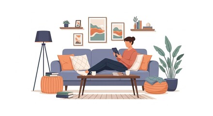 Fototapeta premium Relaxing at Home Woman Reading on a Comfortable Sofa in a Stylish Living Room