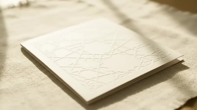 A Blank White Card with Embossed Geometric Patterns on a Textured Fabric Surface
