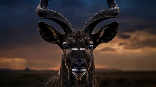 Majestic kudu antelope stares intensely during a dramatic thunderstorm with lightning strike