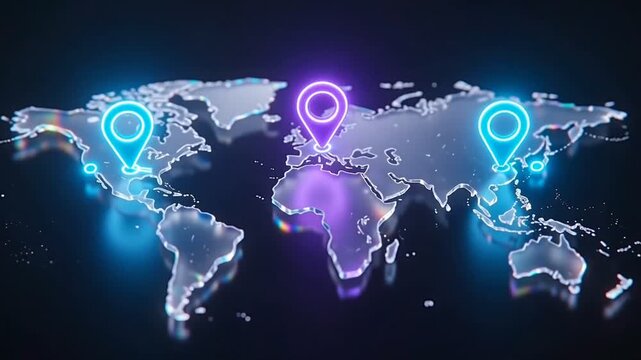 ​3D Digital World Map with Glowing Neon Location Pins and Animated Connection Lines, Global Networking and Logistics Concept