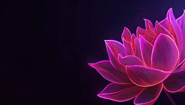 Glowing pink lotus flower against a dark background. Artistic lines outline the petals